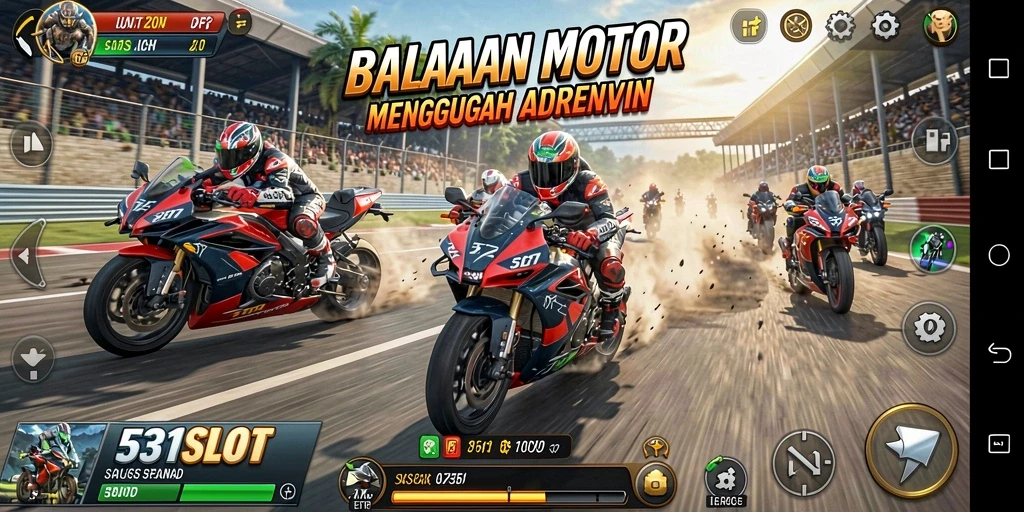 Tampilan gameplay menegangkan di 531SLOT dengan aksi balapan motor yang cepat.