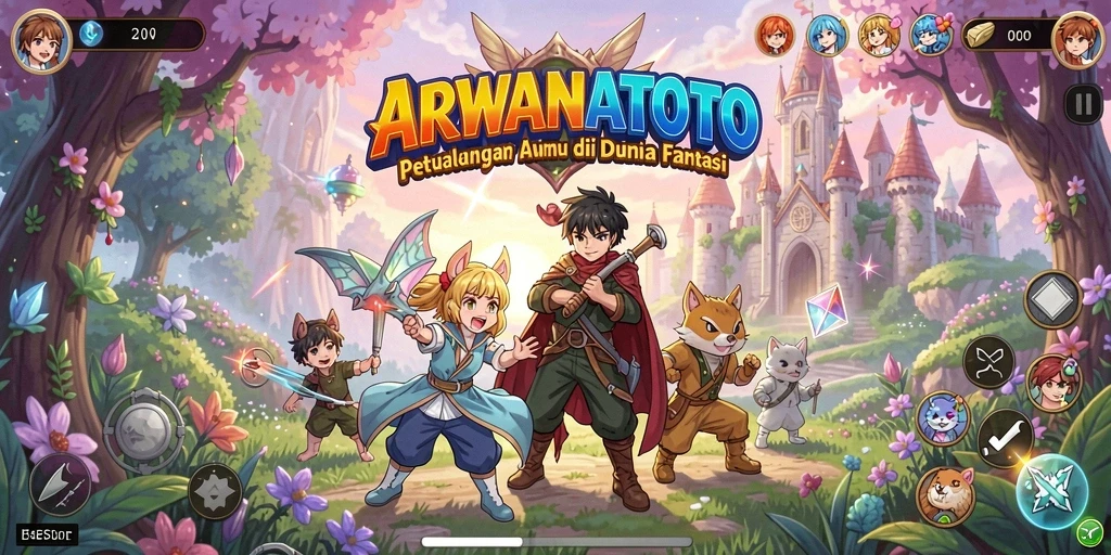 Tampilan gameplay ARWANATOTO dengan aksi karakter penuh warna.