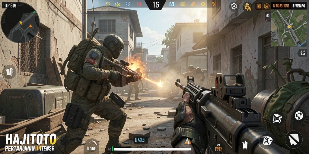 Tampilan aksi seru dari permainan FPS HAJITOTO yang menegangkan.