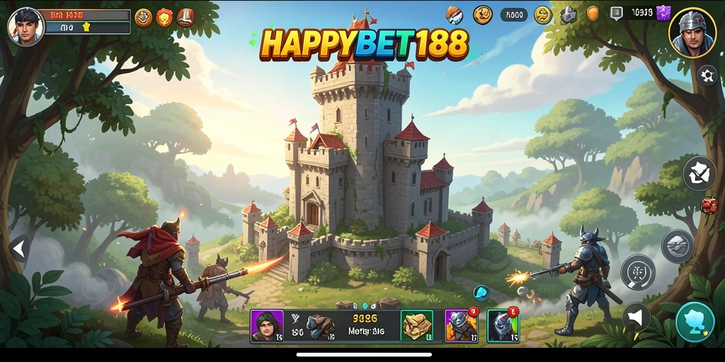 Tangkapan layar gameplay dari HAPPYBET188 menampilkan menara yang sedang menyerang musuh.