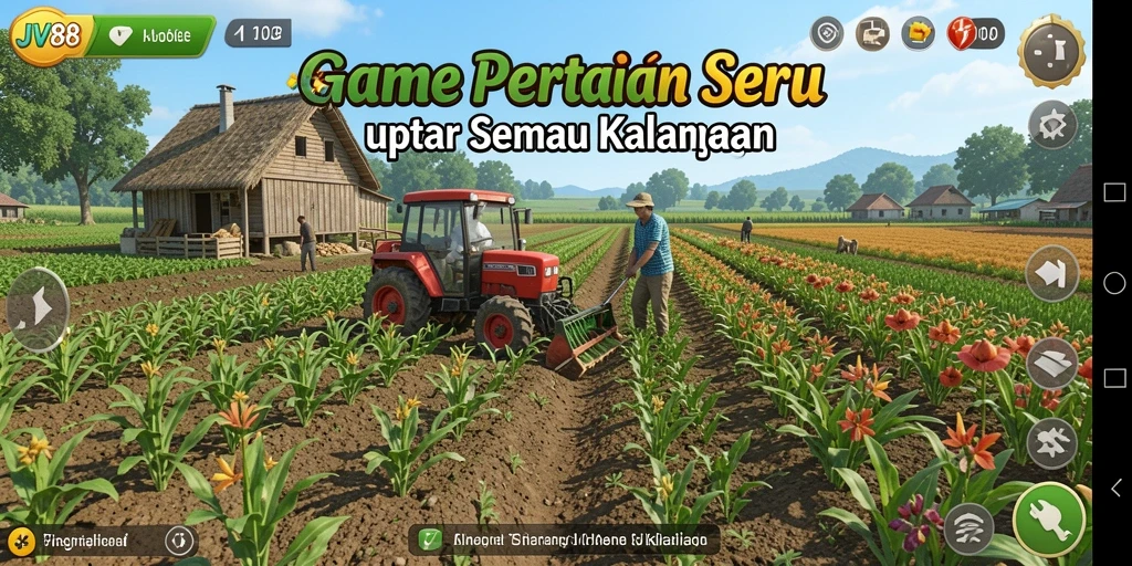 Screenshot gameplay JV88 menampilkan aktivitas mengelola pertanian.