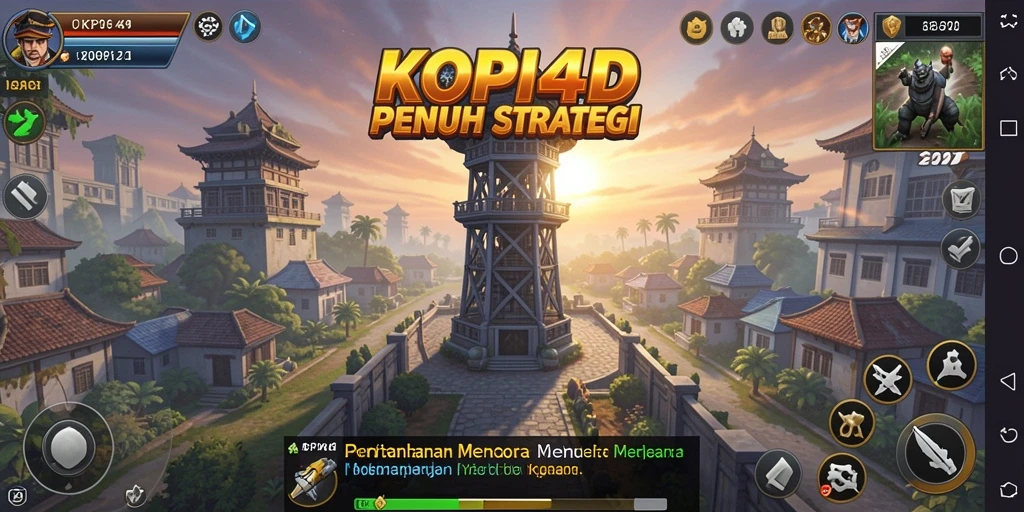 Tampilan gameplay KOPI4D dengan menara yang bekerja sama untuk melindungi wilayah.