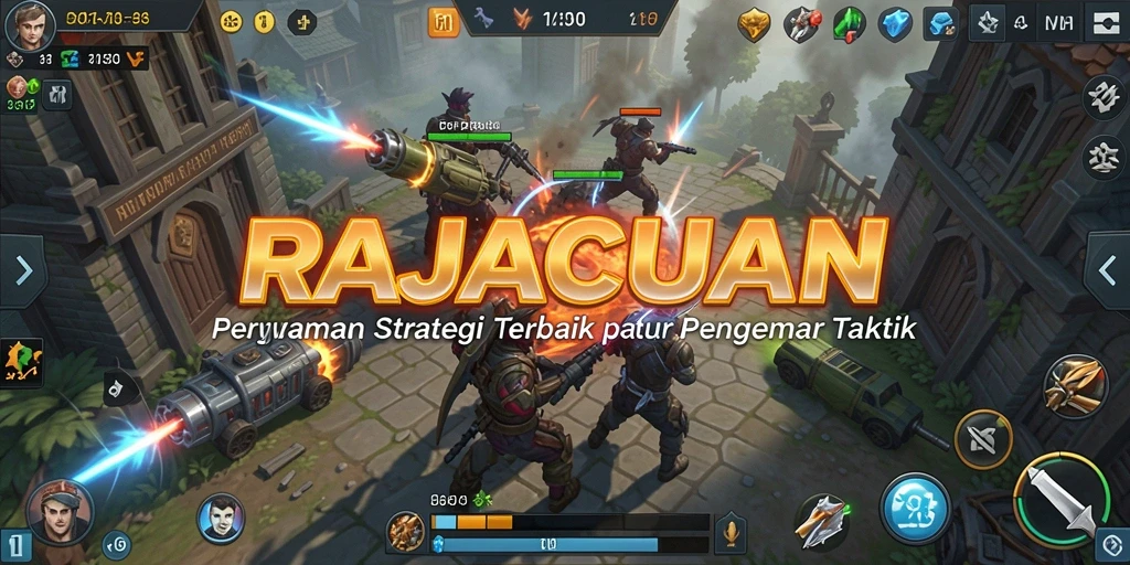 Tangkapan layar utama gameplay RAJACUAN menunjukkan pertempuran strategi yang intens.