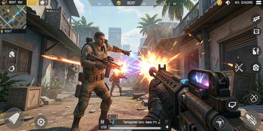 Screenshot gameplay RICH7 menunjukkan aksi seru dalam pertempuran TPS.